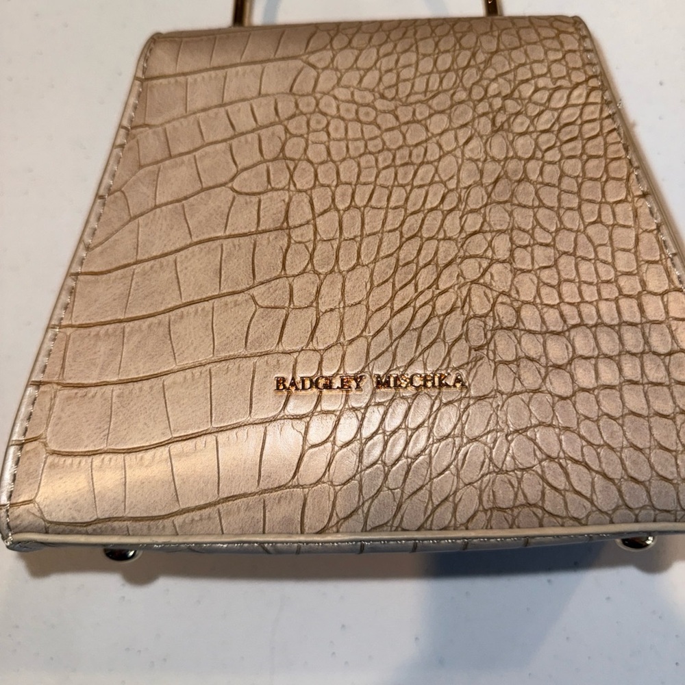 Badgley Mischka Beige Croc Embossed Top Handle Crossbody Bag Gold Hardware